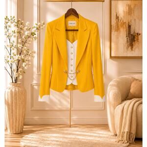 Teri Jon Rickie Freeman Yellow White Quilted Designer Jacket Blazer 10 Business